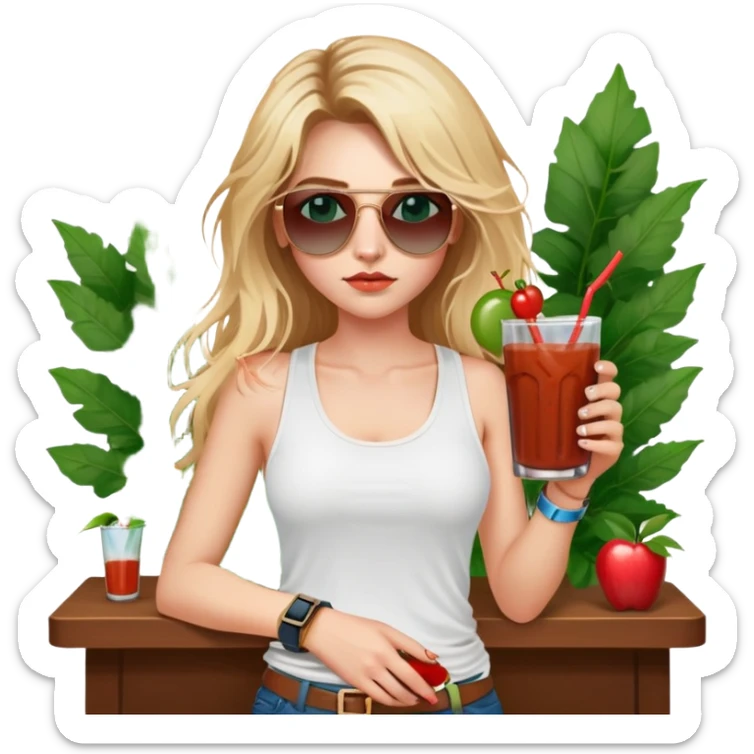 girl with long blond messy hair
with blue eyes
and aviator sunglasses
wearing white tank top 
holding bloody mary
wearing (rose gold apple watch with forest green band) sticker