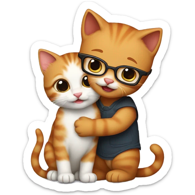 A ginger kitten (who is a girl) giving a hug to a kitten with brown fur(who is a man), only the brown kitten has glasses on sticker