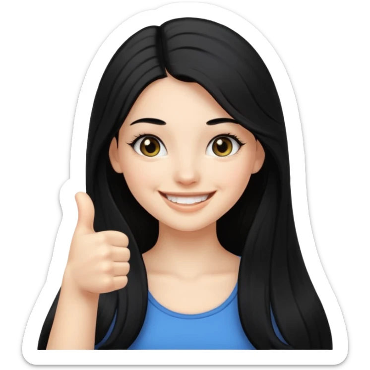 una chica sonriendo con un pulgar hacia arriba con el pelo largo negro y pestañas donrisa sin dientes, y q sea una chica guapa sticker