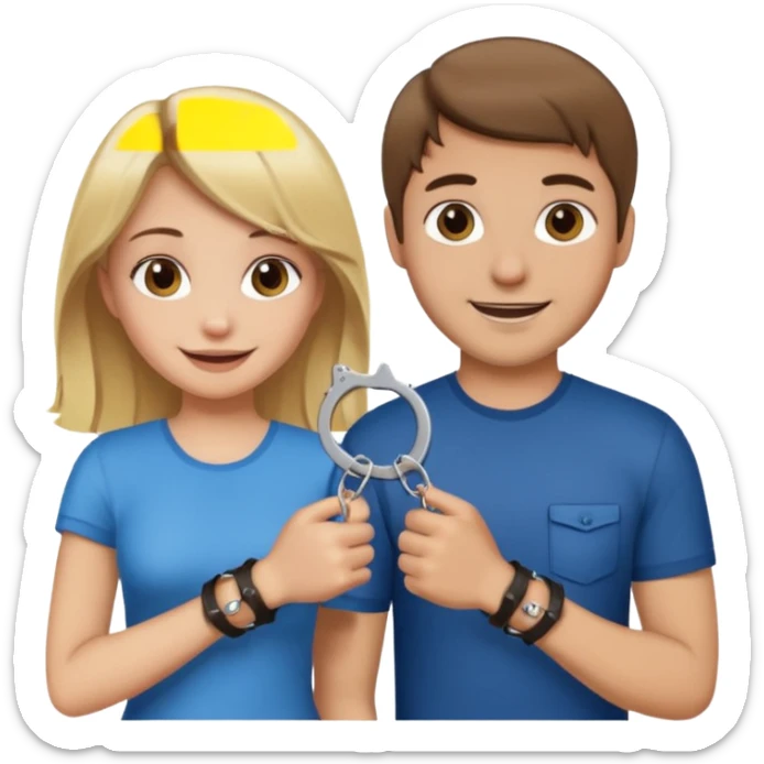 a blonde girl holding handcuffs with her brown haired boyfriend  sticker