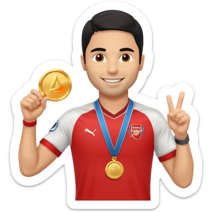 Mikel Arteta wearing an Arsenal shirt while holding a second place medal up and is very happy sticker