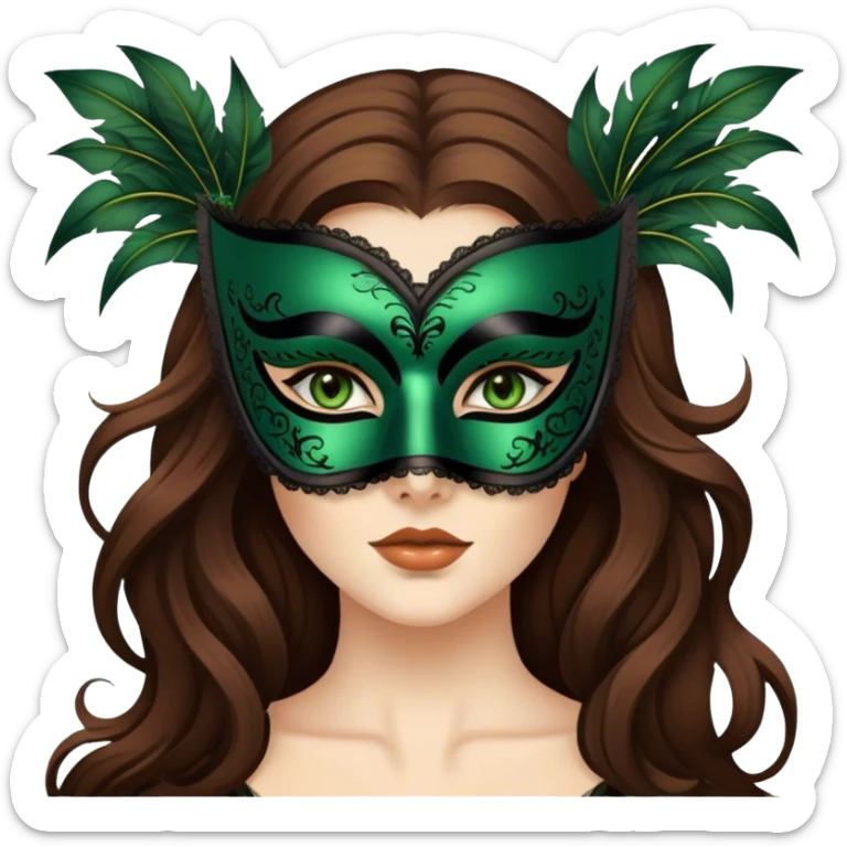 Greeneyed Woman with long brown hair wearing Black venetian mask sticker