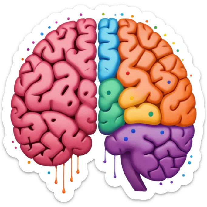 Un cerebro dividido a la mitad; el lado izquierdo está formado por puntos y ceros (0101), y el lado derecho por manchas de pintura de colores vibrantes. sticker
