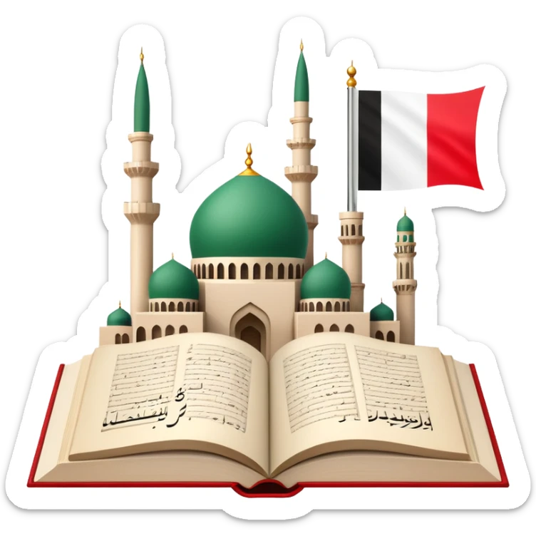 An icon featuring the mosque and the flag of United Arab Emirates, symbolizing the Arabic language. The design includes an open book with Arabic script and calligraphy, representing language learning and cultural heritage. Transparent background sticker