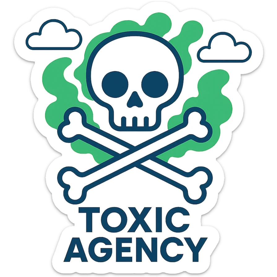 logo for 'Toxic Agency', skull and crossbones motif, bold lettering, green smoke accents, strong and impactful sticker