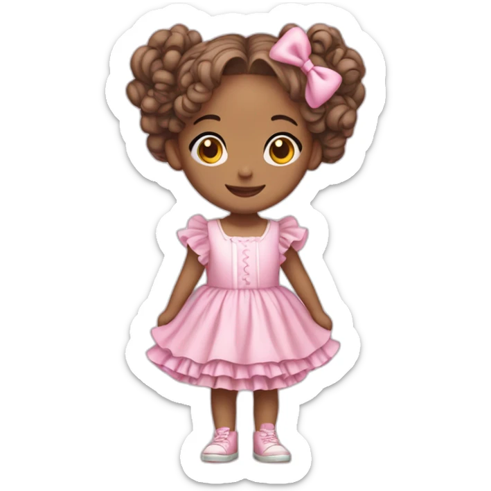 full body of a white smiling  girl in pink frilly dress with ruffles and bow, pink hair, long pigtails sticker