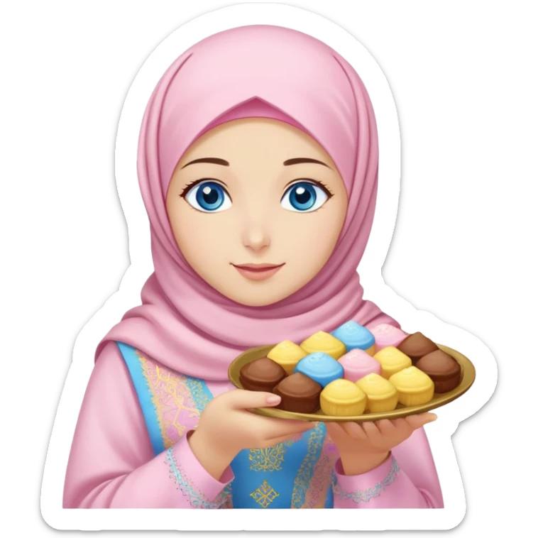 Turkish beautiful finish Konya girl blue eyes with powder pink yellow hijab islamic dress and had on her hand text Eid Mubarak with sweets and celebrating with her friends eid days   sticker