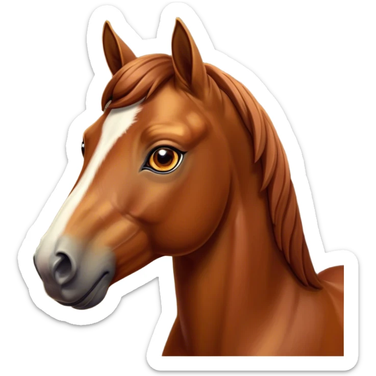 Cinematic Noble Chestnut Horse Portrait Emoji, Poised and regal, with a strong, athletic build and a lustrous, well-groomed chestnut fur, deep-set soulful amber eyes, Simplified yet sharp and sophisticated features, highly detailed, glowing with a warm, dignified glow, high shine, intelligent and majestic, stylized with an air of equine elegance, focused and attentive, soft glowing outline, capturing the essence of a watchful and confident steed, so majestic it feels as though it could gallop out of the screen with effortless authority! sticker
