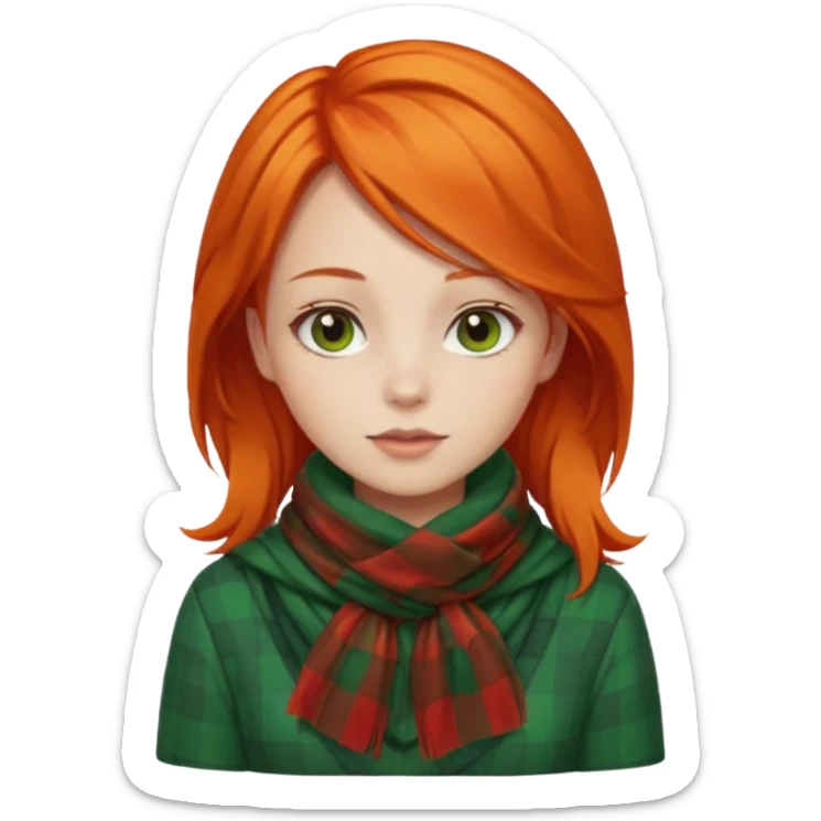 girl orange hair, wear red checkered scarf, green dress sticker