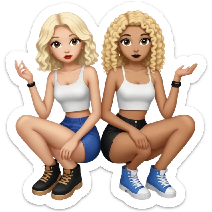 Full body of two teenage girls sitting together, one white with straight blonde hair and one brown-skinned with curly black hair, both with heavy makeup, big lips, crop tops and choni style clothing sticker