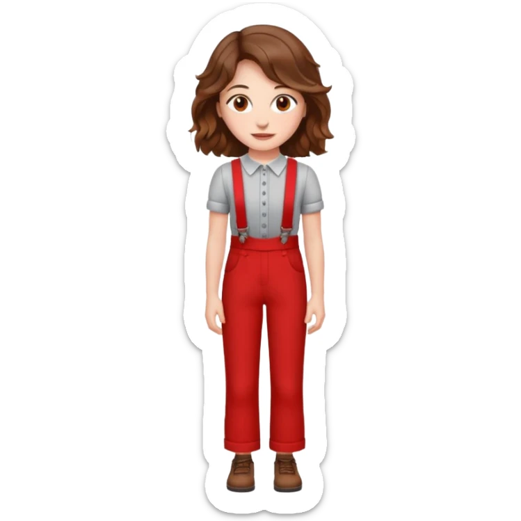 Woman with wavy brown hair and hazel eyes wearing red trouser braces. sticker