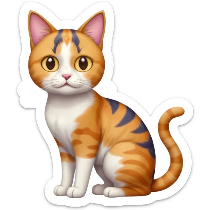 full body colourful calico tabby cat with disproportioned head with an anxious face and white front legs sticker