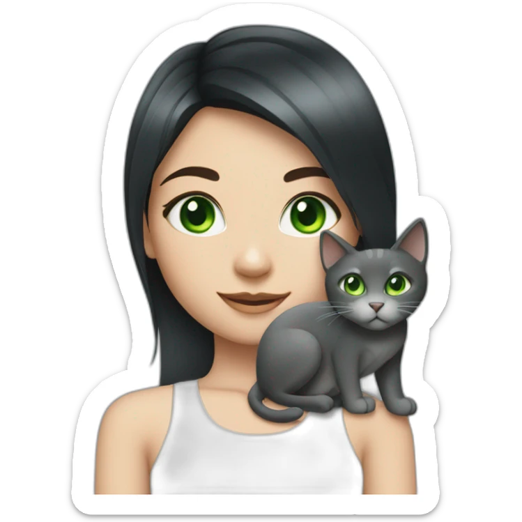 Girl has got black hair and green eyes with gray cat sticker