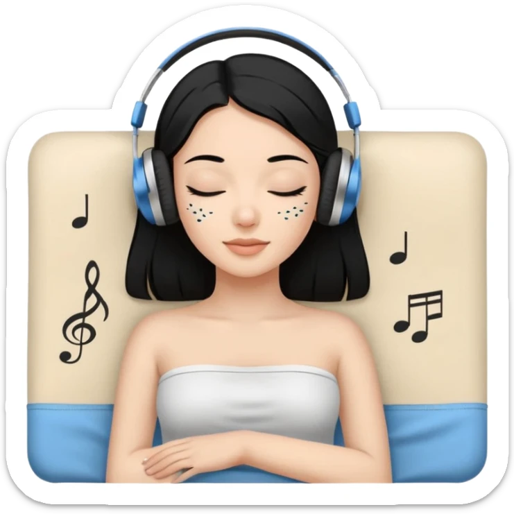 A stylized young woman with black hair lying on a massage table, relaxed, wearing headphones, small musical notes around the head. Flat vector style, thick black outline, simple palette (warm beige-brown tones + accent blue), clean background, high legibility at small size. 72x72, square, vector. sticker