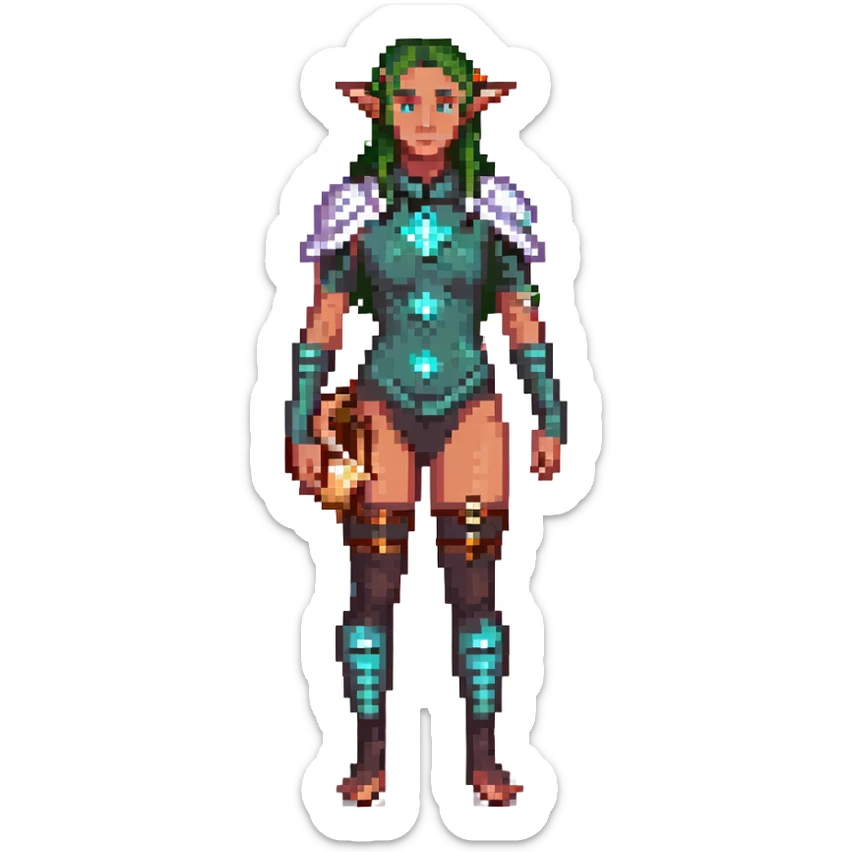 elf female Short wetsuit-style garb, glowing runes on skin, holding a conch horn. sticker