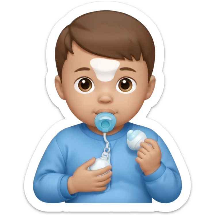 A cartoon baby with light skin, small tuft of hair, wearing a baby outfit, holding a pacifier, front-facing sticker