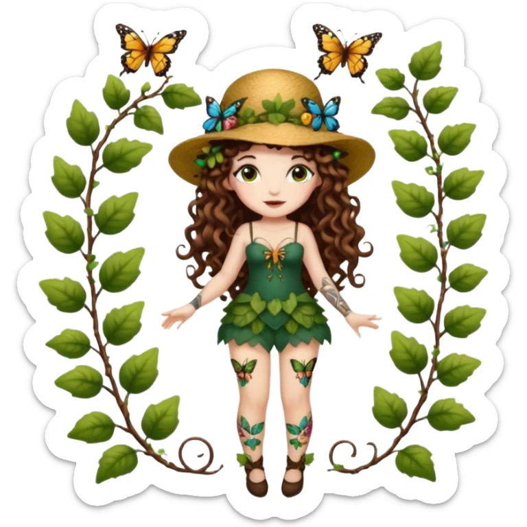 full body woman long curly brown hair brown eyes white skin tattoos wearing butterfly hat and glowing vine stockings sticker