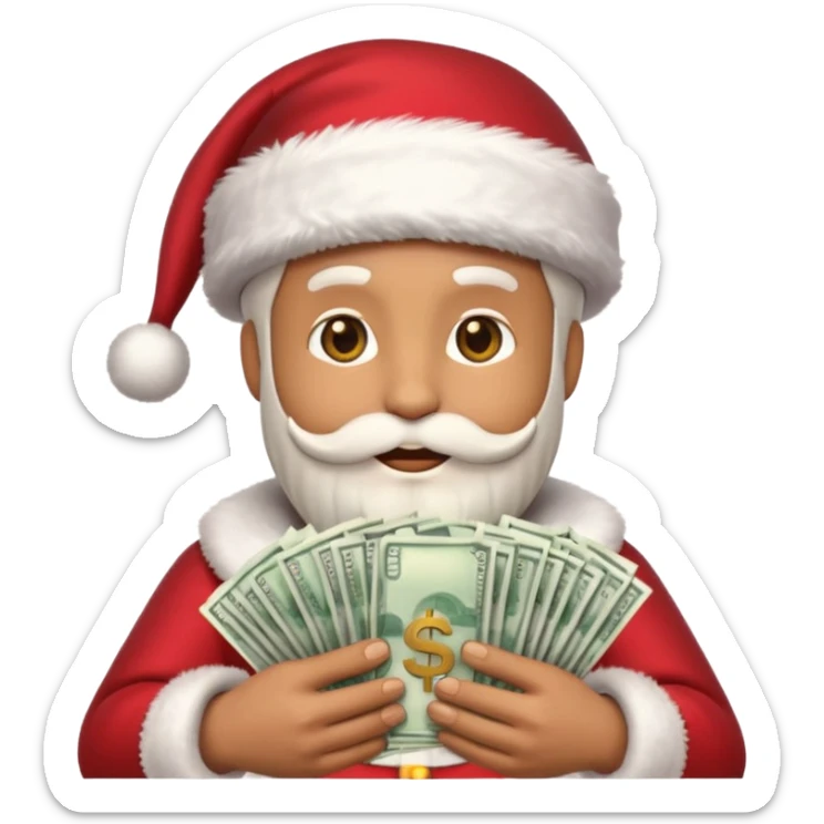 A confident rich emoji face wearing a Santa hat, money stacks, casino vibe, New Year theme, premium 3D emoji style, sharp details, no text, isolated on transparent background sticker