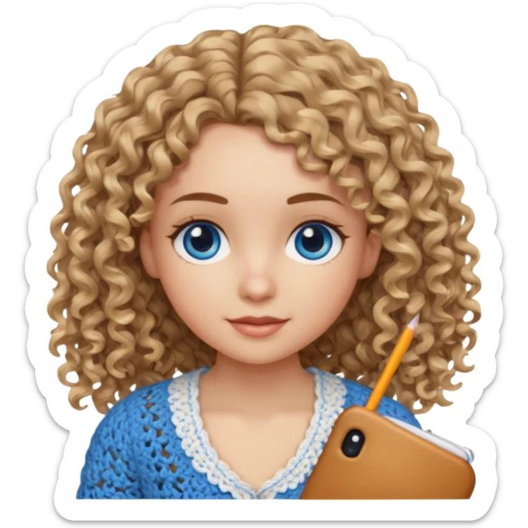 Girl with long light brown slightly blonde ish naturally wavy/curly hair and blue eyes who likes to crochet sticker