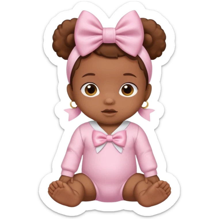Brown skin baby with satin baby pink onesie and white bow sticker