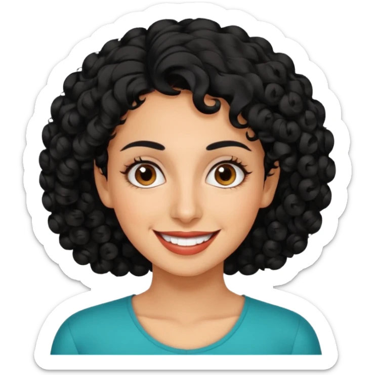 30 year old iranian woman very short curly black hair, big brown eyes, tanned skin, big smile, white teeth, pretty sticker