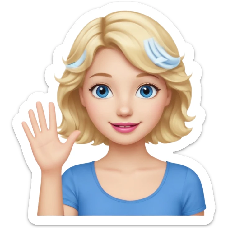 Girl Blonde short wavy hair,  blue eyes, cute blue top, long lashes, pink lips, waving hello  sticker