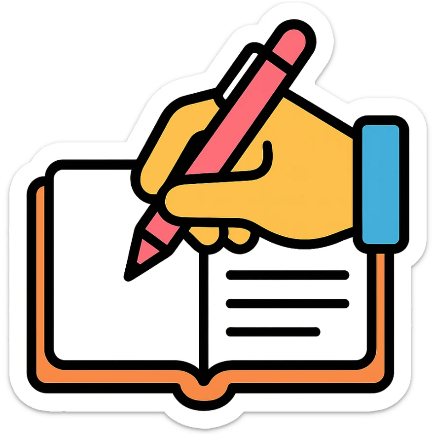 close-up view of a hand writing with a pink pen in a notebook, color outline icon style sticker