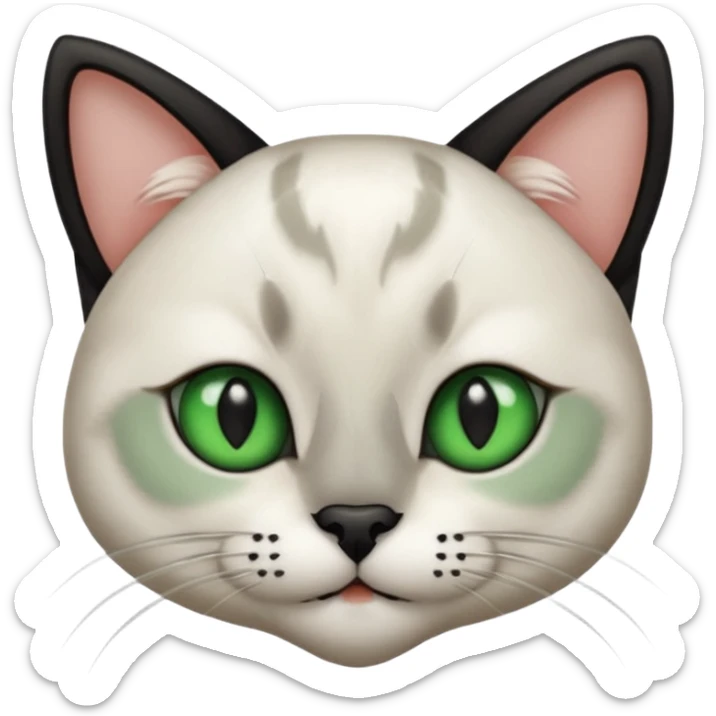 Haz una gata de ojos verdes la cara blanca con mancha negra en las orejas que agarra parte de la frente del lado der pero del iz va desde el ojo hasta la oreja la mancha, tiene la nariz negra en forma de corazón y todo lo que sobra de la cara, barbilla la nariz arriba y el lado de bigotes es blanca sticker