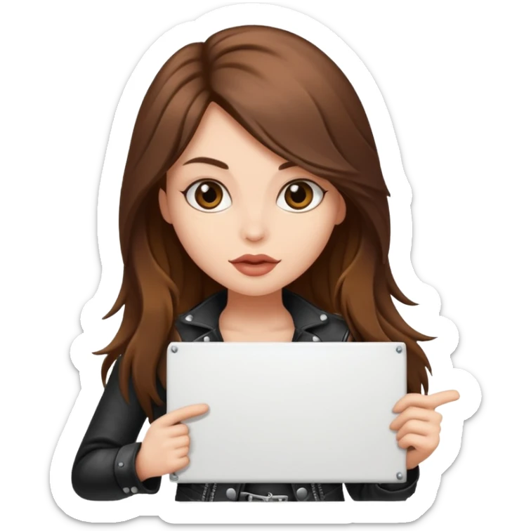 A fair skin rocker chick with long brown hair holding a large blank sign sticker