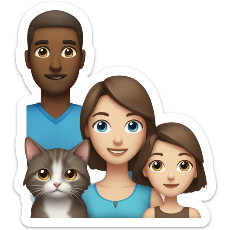 Woman with brown hair and blue eyes with man with brown hair and brown eyes holding a small gray cat sticker