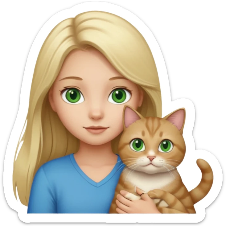 blonde girl with long blonde hair and blue eyes with tabby brown cat with green eyes and chubby gray cat with big green eyes sticker