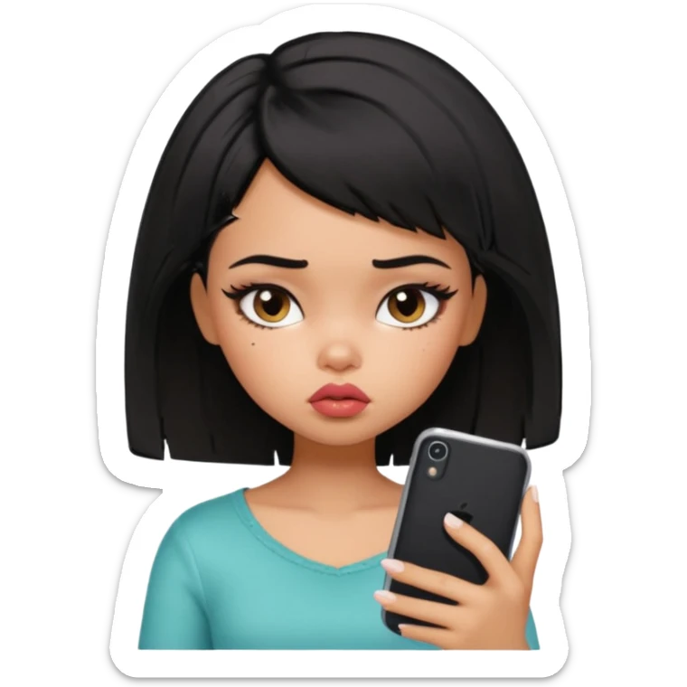 generate a pretty bratz girl with short black messuy hair, looking tired and using her phone sticker