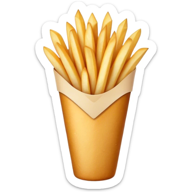 Cinematic Realistic Belgian Fries Dish Emoji, showcasing thick, crispy fries served in a paper cone rendered with detailed textures and golden, appetizing lighting. sticker