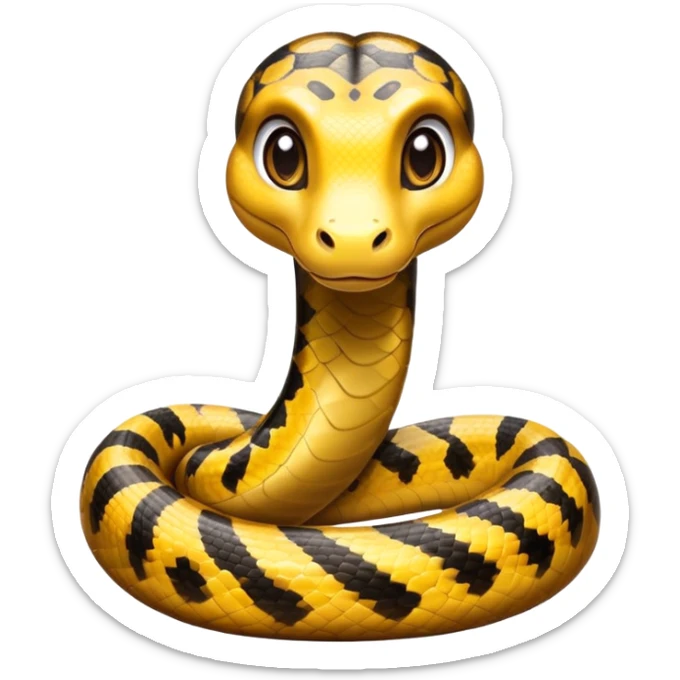 cinematic-cute-anaconda-portrait standing-emoji,-head-tilted-playfully-and-inquisitively,-with-a-sleek,-shimmering-body-adorned-with-detailed-scale-sriped patterns-and-round,-sparkling-eyes-full-of-wonder,-simplified-yet-irresistibly-adorable-features sticker