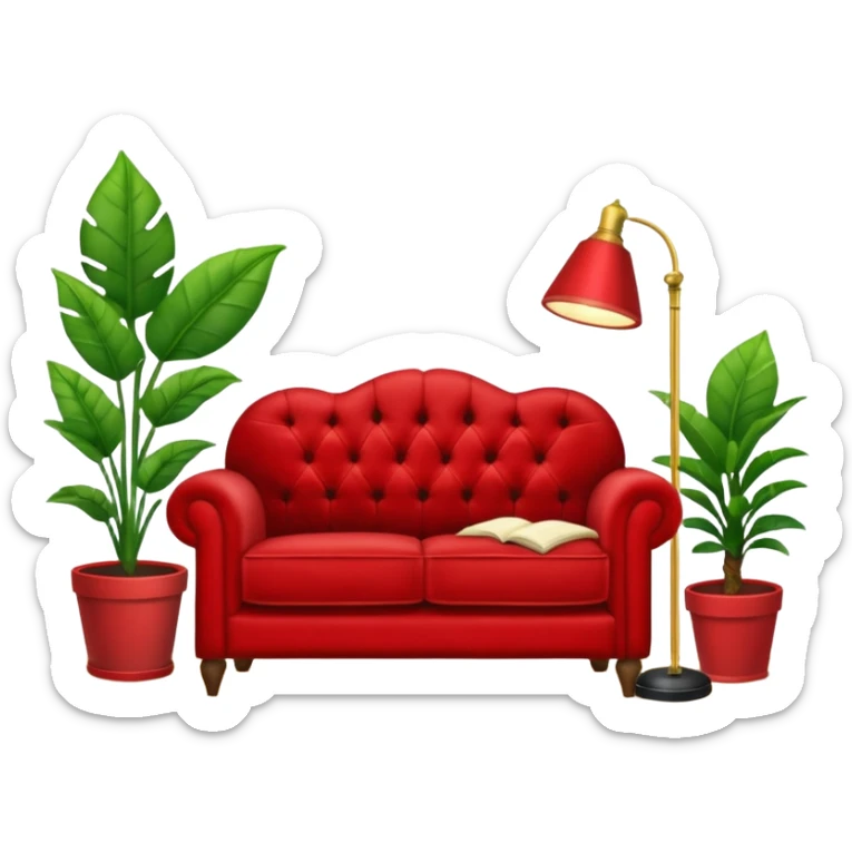 red velvet luxury loveseat with a mic in front, houseplant in back, and floor lamp in back sticker