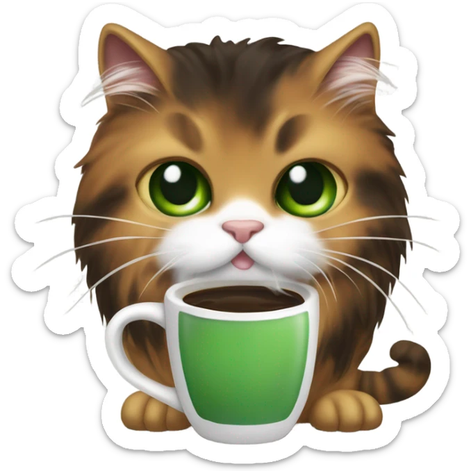 Long hair tortoise shell cat with green eyes and a white patch of fur over right eye drinking coffee sticker