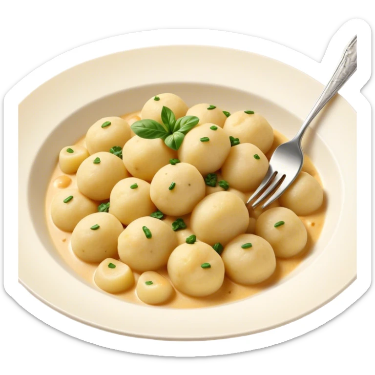 Gnocchi Cinematic Realistic Gnocchi Dish Emoji, depicted as tender potato dumplings garnished with iconic fork marks on top, rendered with soft textures and warm, inviting lighting. sticker