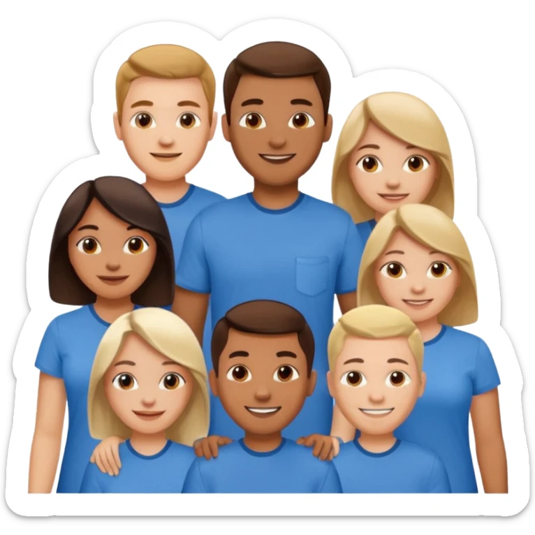 CREA UN EMOJI DE 7 PERSONAS HOMBRES Y MUJERES, CON CAMISA AZUL SOLO 7 SIETE PERSONAS sticker