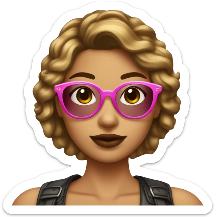 Chica joven de piel muy Clarita con pelo liso corto de color castaño, con gafas redondas con borde dorado. Pecas en las mejillas y labios gorditos color rosa.  sticker