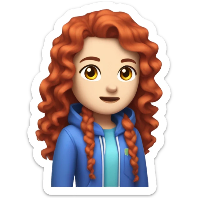 a white girl with long red curly hair, wearing periwinkle Minecraft hoodie playing a videogame sticker