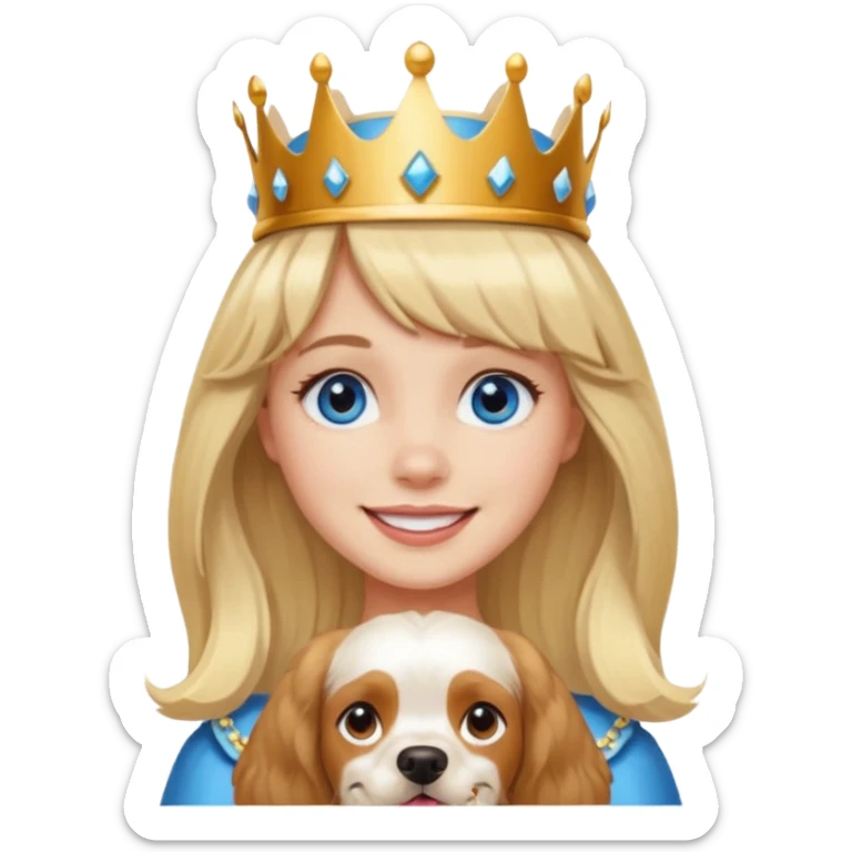 simple Blonde girl with bangs and blue eyes, and a simple crown. giving cockerspaniel energy sticker