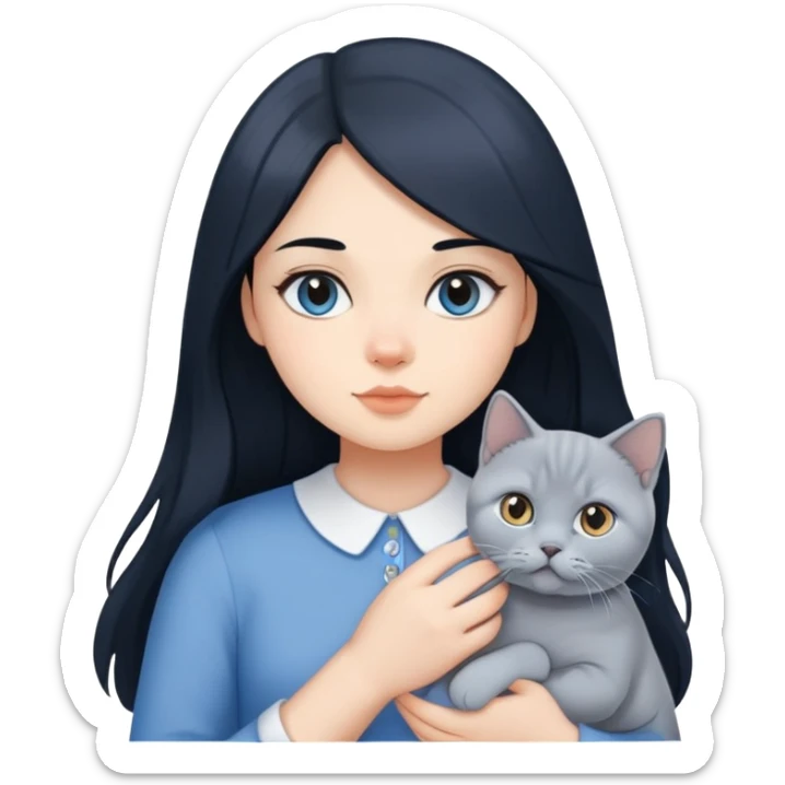 A girl with long black hair is holding a blue and white British shorthair sticker