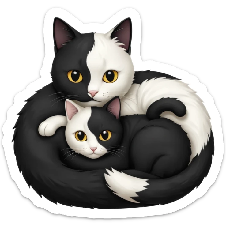 yin-yang symbol made of a black cat and a white cat, curled up together, peaceful expression, emoji style sticker