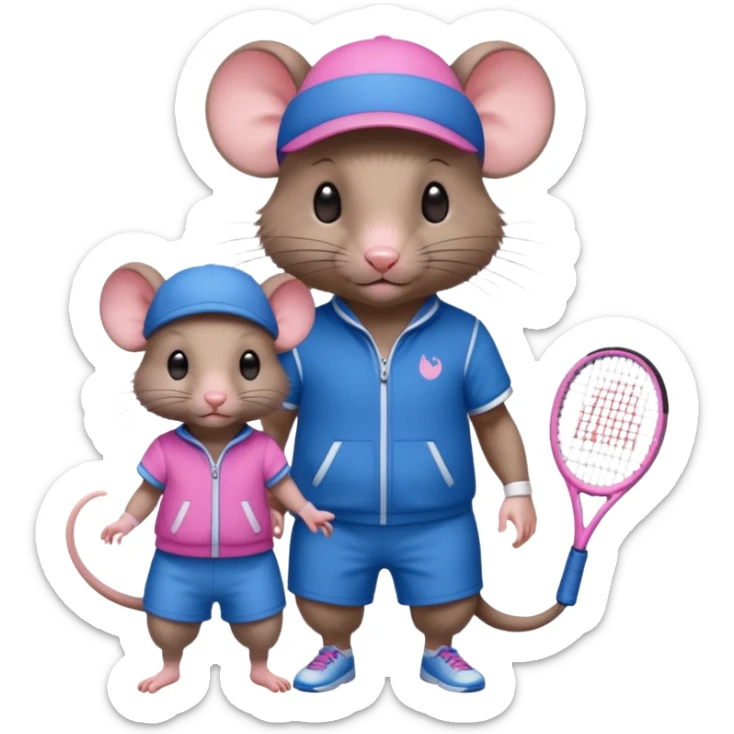 Male and baby female rat playing tennis one wearing blue the other wearing pink and the pink to be half the size of the blue sticker