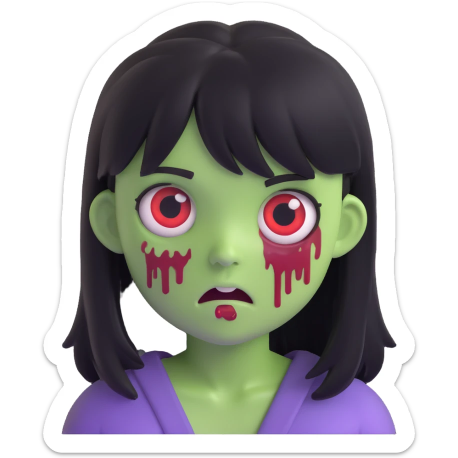 scary zombie girl emoji, medium long black hair with bangs, sunken eyes, scary expression sticker