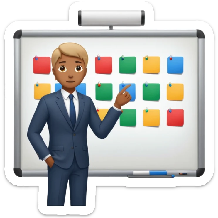 Create a realistic emoji of a person making some decisions in front of a grounp while standing in a office. the team is sitting while the leader stands next to a white board sticker