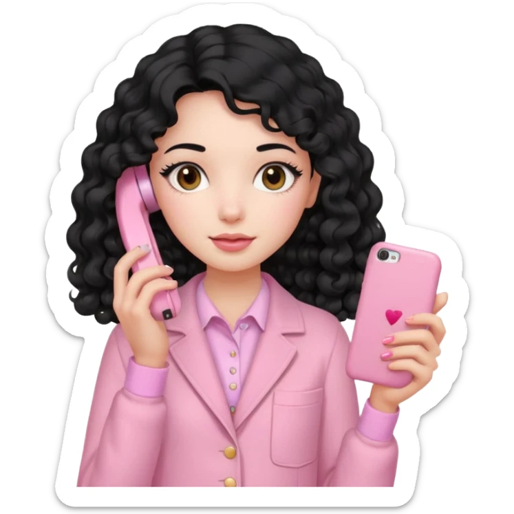 Girl with long curly black hair and vintage pastel pink clothing Holding a pink cell phone sticker