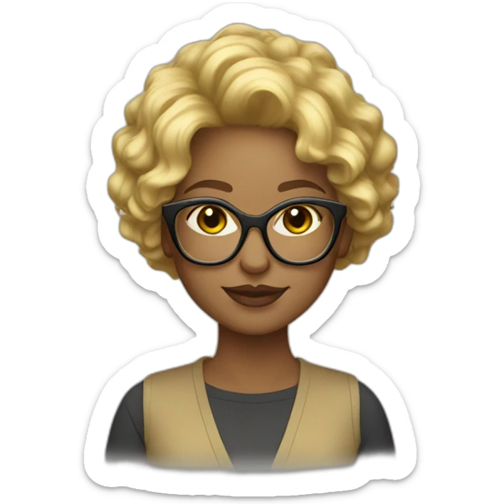 female graphic designer in gold big glasses blonde short curly hair sticker