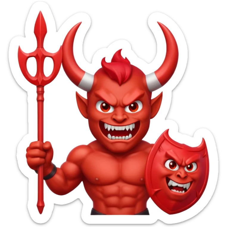 Red devil emoji, 3D cartoon style, muscular body, bright red skin, big curved white horns, angry face, sharp teeth smile, holding red trident, glossy emoji texture, centered character, GREEN SCREEN BACKGROUND, solid green color sticker