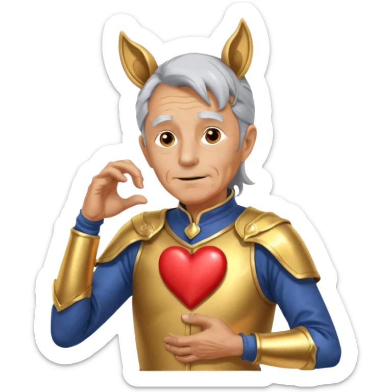 An elderly man with golden skin, his body shining like polished metal, wearing a horse cosplay costume with horse ears and a tail. He is making a heart shape with his hands and blushing slightly, showing a shy and embarrassed expression. sticker